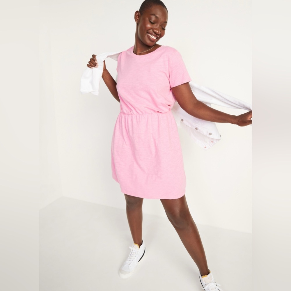 Waist-Defined Slub-Knit T-Shirt Dress - Pink - M